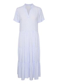 Hellblaues Kleid mit kurzen Ärmeln, V-Ausschnitt und gestuftem Rock. Verfügt über ein dezentes weißes Muster und einen weichen, leichten Stoff.