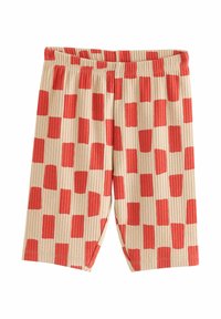 Shorts aus einem gerippten Stoff, mit einem beigen Hintergrund und roten Blockmustern. Elastischer Bund und gerade geschnittene Beinöffnungen.