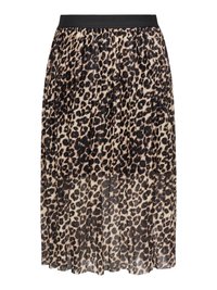 Jupe midi plissée avec ceinture élastique noire et motif léopard beige et noir.