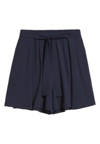 Shorts taille haute bleu marine en tissu doux avec un détail de taille nouée et un design plissé, présentant une coupe décontractée et une texture lisse.