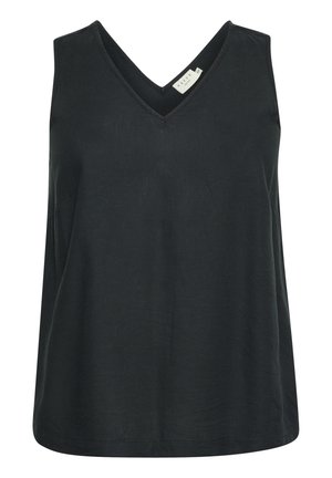 Débardeur noir avec un col en V, fabriqué à partir d'un tissu doux et texturé. Caractéristiques d'une coupe ample et sans motifs ni accents visibles.