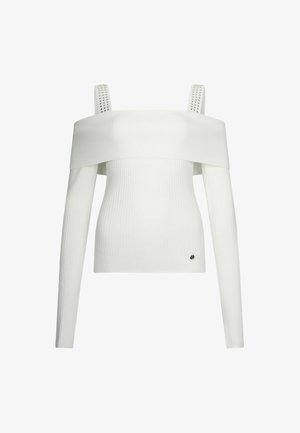 Top bianco a coste con scollo ampio che lascia le spalle scoperte e maniche lunghe. Presenta spalline decorative e un piccolo dettaglio logo sull'orlo. Texture liscia.