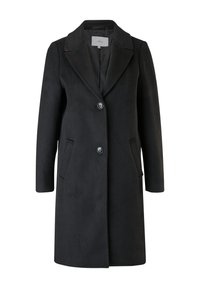 Svart knälång kappa med snibbkrage, knappstängning, sidofickor och slät textur. Har minimal sömnad och en skräddarsydd silhuett.