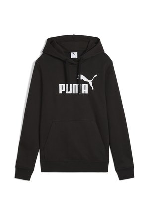 Czarna bluza z kapturem z kieszenią kangurka z przodu oraz białym logo Puma i tekstem na środku klatki piersiowej.