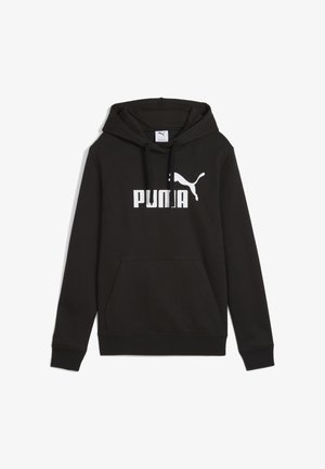 Czarna bluza z kapturem z kieszenią kangurka z przodu oraz białym logo Puma i tekstem na środku klatki piersiowej.