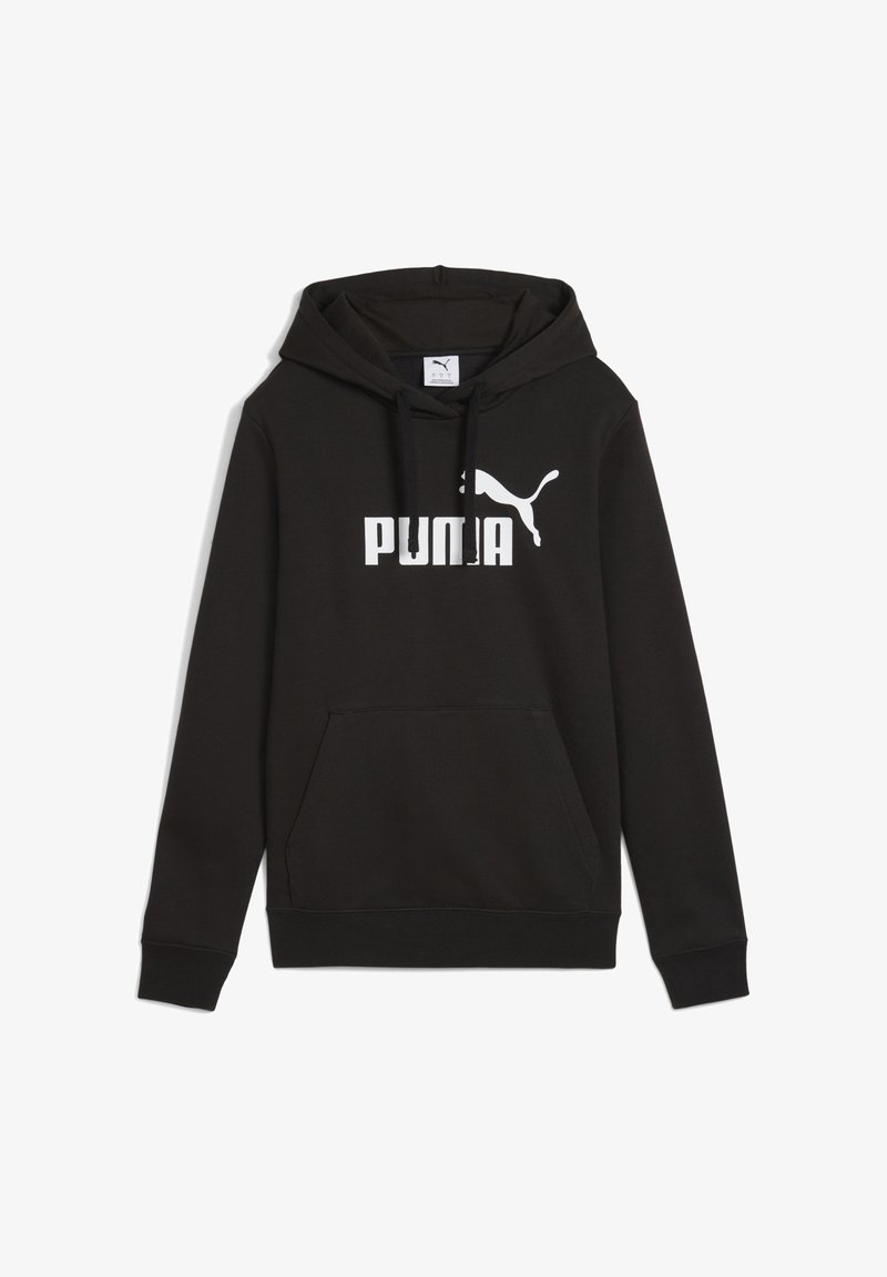 Sweat à capuche noir avec poche kangourou à l'avant et logo Puma blanc ainsi qu'un texte centré sur la poitrine.