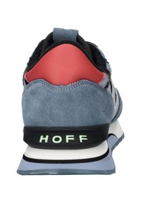 Men's sneaker with a blue suede upper, black mesh accents, coral heel, white and black sole, and "HOFF" logo on the back.