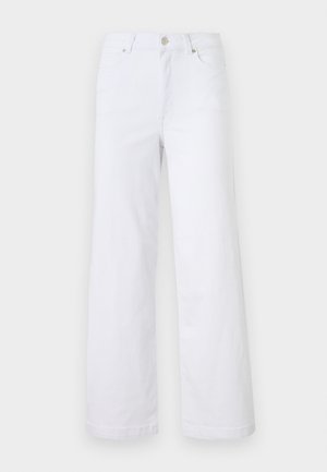 Jeanși largi din denim alb au fermoar la față, închidere cu buton, două buzunare frontale și un design curat, fără embellishments.