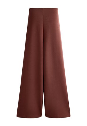 Hosen mit weitem Bein aus einem tiefrot-braunen, gerippten Stoff, mit hoher Taille und sauberem, geradem Saum. Keine sichtbaren Verschlüsse oder Verzierungen.