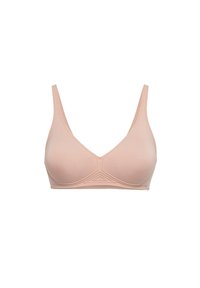 Reggiseno wireless rosa chiaro con texture liscia, coppe triangolari e ampie spalline regolabili con dettagli di cucitura sottili.