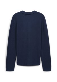 Maglione lavorato a maglia blu navy con una texture a coste, scollo rotondo e maniche lunghe. Presenta delle aperture laterali all'orlo per un maggiore comfort.