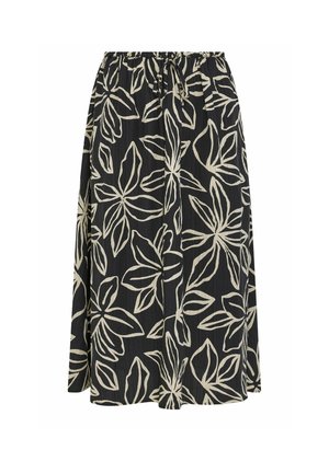 Falda midi negra con estampado de hojas grandes beige, cintura elástica y detalle de lazo delantero.