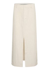 Linen midi krilo v svetlo bež barvi z sprednjim razpalom, visokim pasom in čistimi linijami. Ima stranske žepke in gladko teksturo.