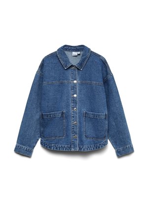 Μπλε τζιν σακάκι με μακριά μανίκια, εμπρόσθιο κούμπωμα με κουμπιά, μυτερό γιακά και δύο μεγάλες τσέπες στο μπροστινό μέρος.