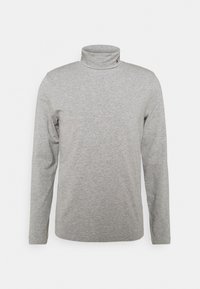 Graues Langarm-Turtleneck-Shirt aus weichem, strukturiertem Stoff. Hat eine schlanke Passform mit hohem Kragen und minimalistischem Design.