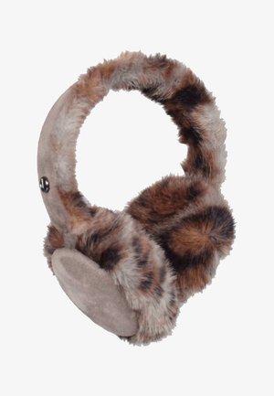 Prilloomi karvased kõrvapadjakesed pruuni ja beeži leopardimustriga, pehme tekstuuri ja lame, pehmendatud kõrvaklapi disainiga.