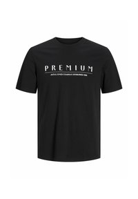 Juoda medvilninė marškinėliai trumpomis rankovėmis, su "PREMIUM" tekstu baltu spalva ir "JACK & JONES COMPANY ĮKURTA 1990" žemiau. Klasikinis apvalus kaklas.