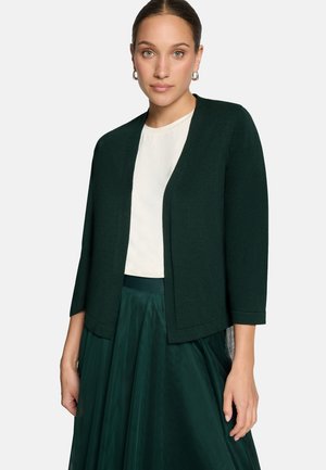 Vrouw draagt een donkergroen openvallend vest over een wit topje en een bijpassende donkergroene rok, staand tegen een eenvoudige lichte achtergrond.