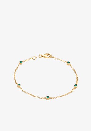 Pulsera de cadena de oro con piedras preciosas verdes distribuidas uniformemente, con un cierre tipo langosta y eslabones delicados, que muestra un diseño minimalista.