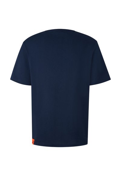 Námořnická modrá tričko s krátkým rukávem z bavlny, s kulatým výstřihem a oranžovým logem na dolním lemu.