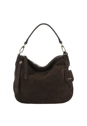 Sac à main en daim marron foncé avec une seule poignée, fermeture éclair, et une petite étiquette attachée avec la marque "abro".