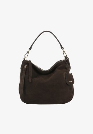 Sac à main en daim marron foncé avec une seule poignée, fermeture éclair, et une petite étiquette attachée avec la marque "abro".