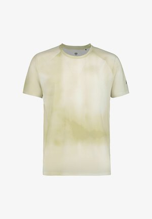 Camicia beige chiaro a maniche corte con un motivo sfumato sottile. Realizzata in tessuto traspirante con una texture liscia e maniche raglan.