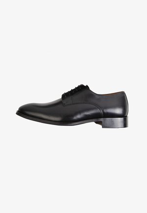 Schwarze Lederschuhe für Männer mit runder Spitze, Schnürverschluss und glatter Oberfläche. Mit einem niedrigen, gestapelten Absatz.