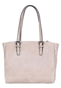 Beige neplederen boodschappentas met twee zwarte handvatten, rechthoekige vorm en een gladde textuur. Kenmerkt een stiksel-detail langs de onderkant.