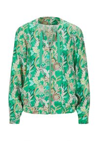 Groene bloemen bomberjack met een ritssluiting aan de voorkant, gemaakt van een lichtgewicht stof, met elastische manchetten en een trekkoordcapuchon. Versierd met levendige patronen.