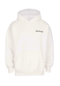 Weißer Kapuzenpullover mit einer Fronttasche und dem Text "DROPSIZE" in Schwarz auf der linken Brust gedruckt.