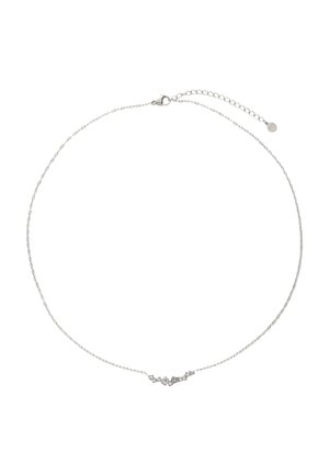 Silberne Halskette mit einer zarten Kette und einem leicht gebogenen Mittelstück, das mit kleinen, klaren Kristallen verziert ist. Verstellbarer Verschluss.