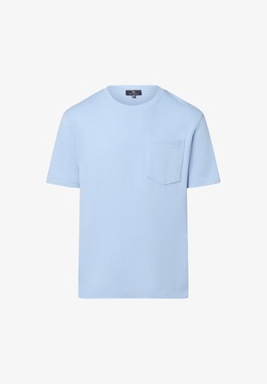 Hellblaues T-Shirt mit kurzen Ärmeln aus strukturiertem Stoff. Mit einer Brusttasche und einem runden Halsausschnitt. Einfaches, sauberes Design.