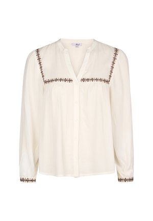 Crème blouse met lange mouwen, knoopsluiting aan de voorkant en geborduurde accenten in bruine tinten langs de halslijn en manchetten. Getextureerde stof.