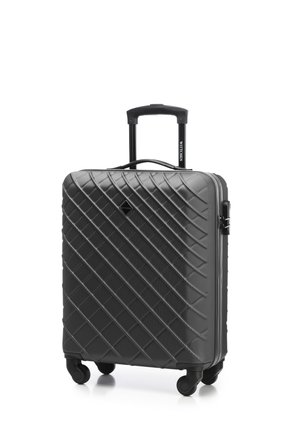 Black hard-shell suitcase with a quilted pattern, trolley handle, and four wheels for mobility. Features a side carry handle and zipper closure.
