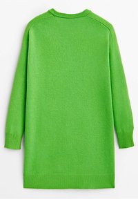 Robe-pull verte tricotée avec manches longues, ourlet et poignets côtelés, texture douce et col rond. Vue de dos mettant en valeur un design sans coutures.