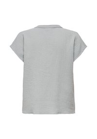 Lichtgrijs, kortemouwig, gestructureerd blouse met een losse pasvorm en een kleine kraag, afgebeeld van achteren op een witte achtergrond.