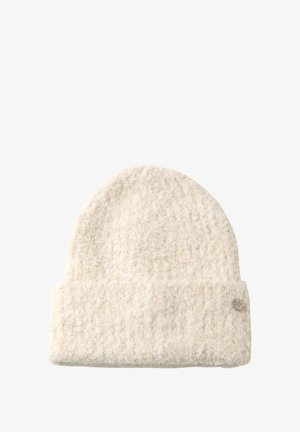 Bonnet en tricot de couleur beige clair, présentant un tissu texturé et doux avec un revers. Accentué d'un petit logo en métal sur le côté.