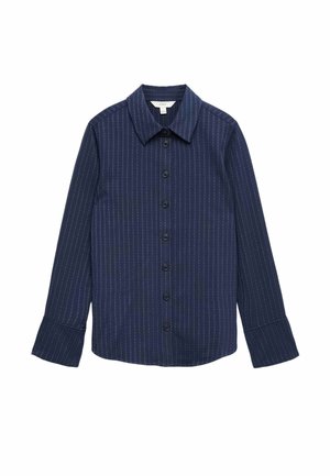Granatowa koszula z długim rękawem zapinana na guziki, z białymi prążkami i klasycznym kołnierzykiem, rozmiar M, z M&S.