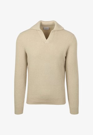 Beige gebreide pullover met een V-hals en kraag. Ribbelstructuur, lange mouwen en een aansluitende zoom. Veelzijdig ontwerp voor casual gebruik.