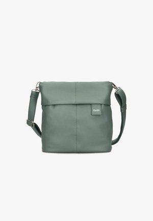 Sac bandoulière en cuir vert avec bandoulière ajustable, fermeture roulante et écusson de marque visible au centre avant.