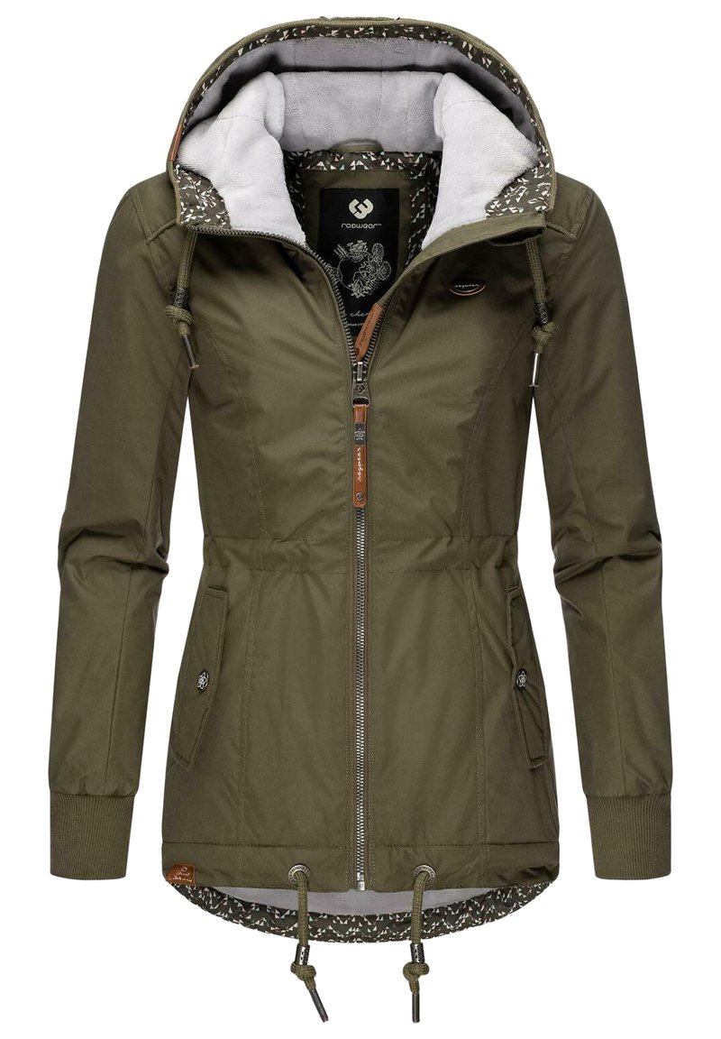 Olivengrønn jakke med glidelås foran, snøring i midjen og hette. Har myk innvendig fôr og kontrasterende mønstret hettekant.