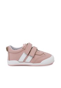 Pink leather sneaker with white stripes, Velcro straps, and a rubber sole. Rounded toe and soft fabric lining for comfort.