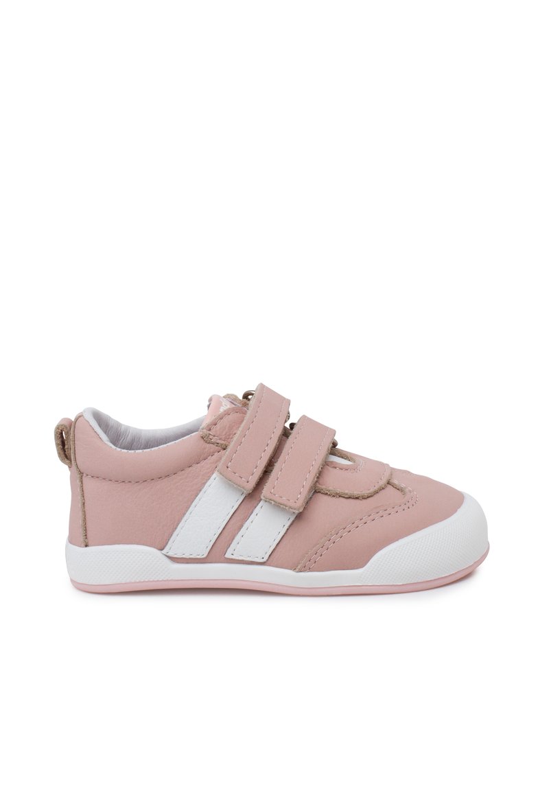 Pink leather sneaker with white stripes, Velcro straps, and a rubber sole. Rounded toe and soft fabric lining for comfort.