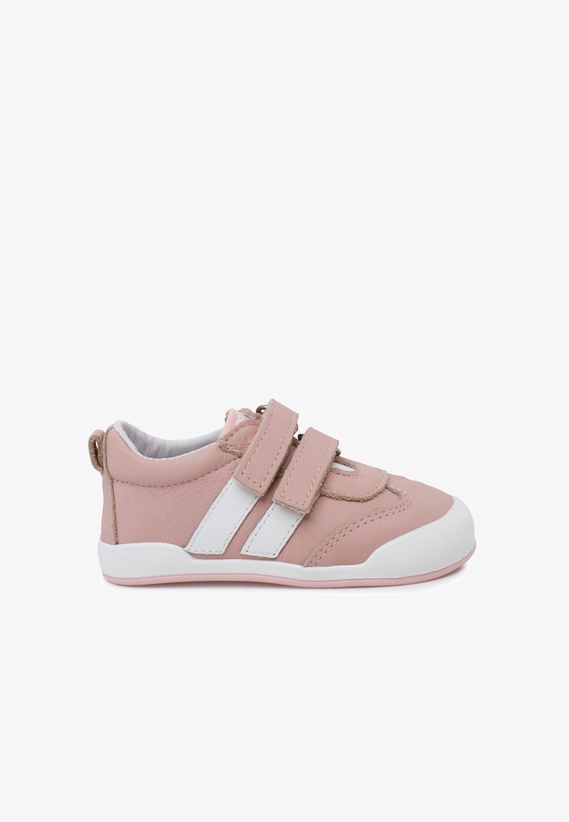Pink leather sneaker with white stripes, Velcro straps, and a rubber sole. Rounded toe and soft fabric lining for comfort.