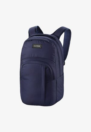Navy blue backpack made of durable fabric, featuring padded shoulder straps, multiple zippered pockets, and a flat base for stability.