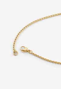 Goudvergulde ketting met een gedraaide ontwerp, voorzien van een karabijnsluiting en een cirkelvormige lus voor een veilige sluiting.