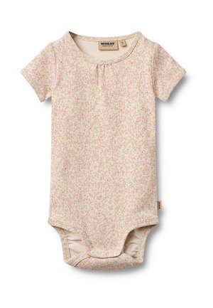 Zachtroze babyrompertje met korte mouwen, bloemenprint, drukknoopsluiting aan de onderkant en ronde halslijn.