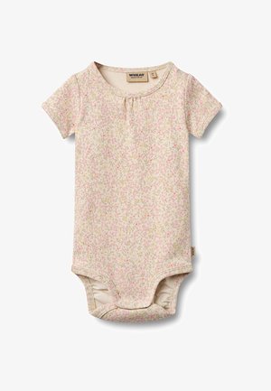 Jemně růžové květované kojenecké body s krátkými rukávy, zapínáním na druky vespod a kulatým výstřihem.