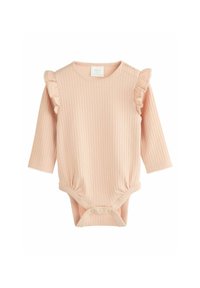 Rosa ribbet langærmet bodysuit med flæser på skulderne og trykknaplukninger i bunden. Blødt stof, rund halsudskæring og scallopede kanter.